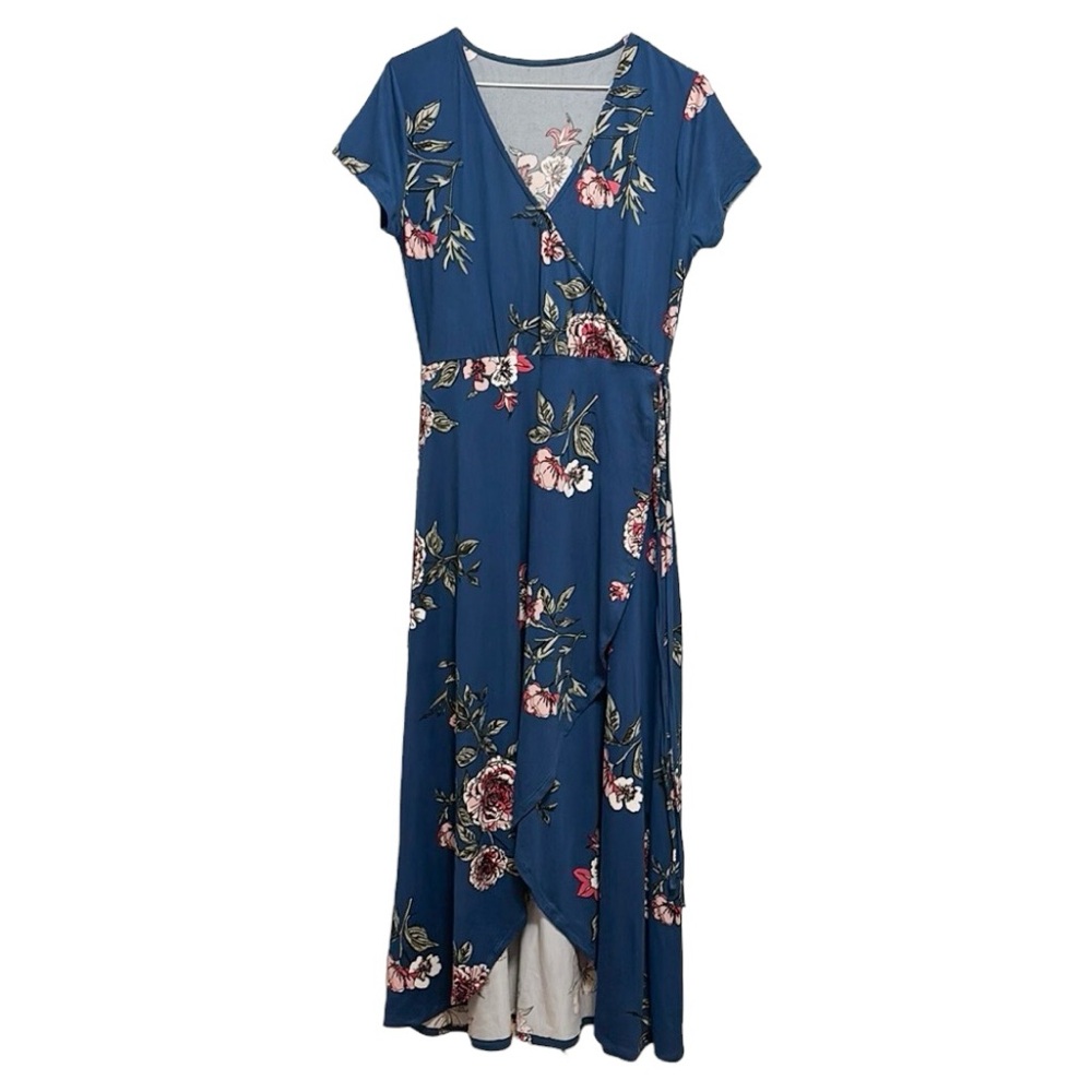 Blue Floral Faux Wrap Dress
